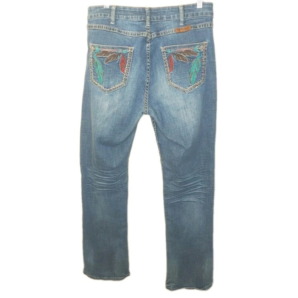 Cowgirl Tuff Dreams Feather Embroidered Jeans Blue Denim Sz 31 32/33" Western